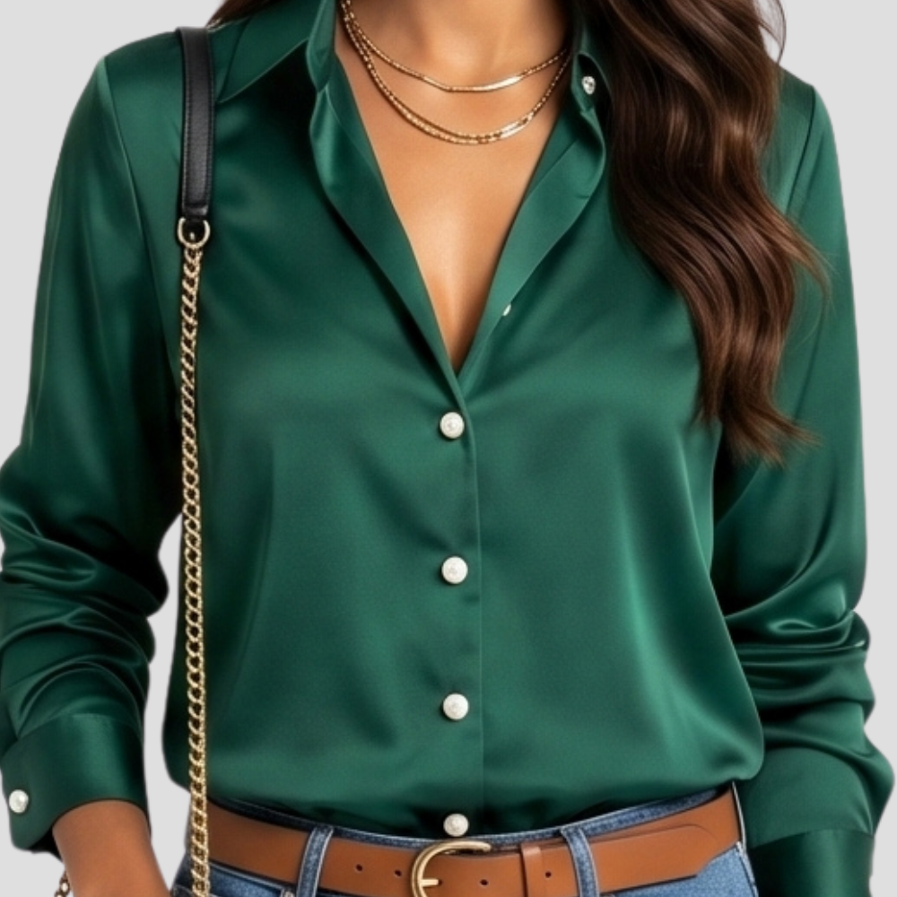 Women Elegant V Neck Button Up Blouse Long Sleeve