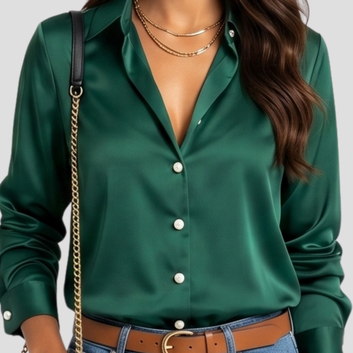 Women Elegant V Neck Button Up Blouse Long Sleeve