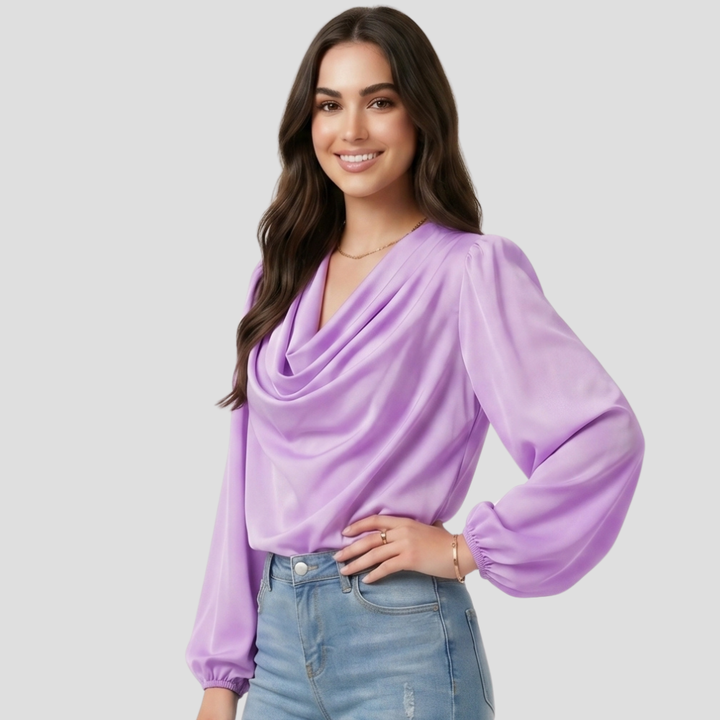 Women Elegant V Neck Blouse Stylish Long Sleeve