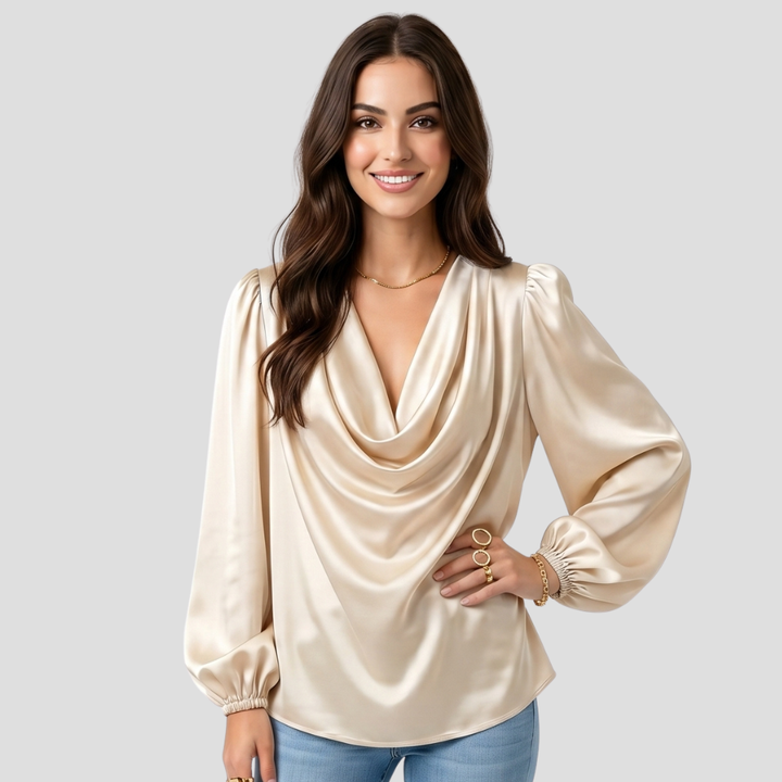Women Elegant V Neck Blouse Stylish Long Sleeve