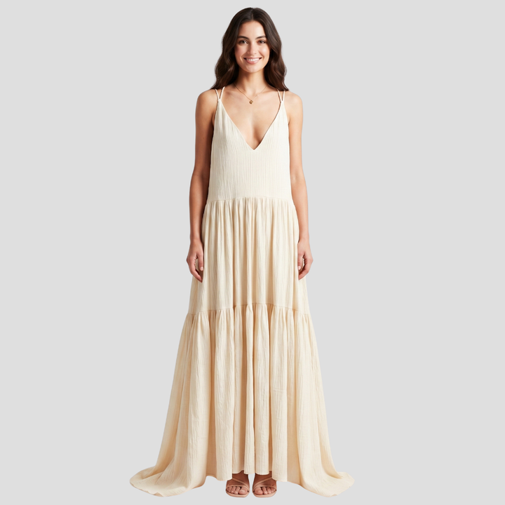Women Elegant V Neck Maxi Dress Flowing