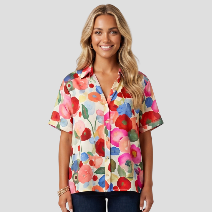 Women Elegant Floral Button Up Blouse Long Sleeve