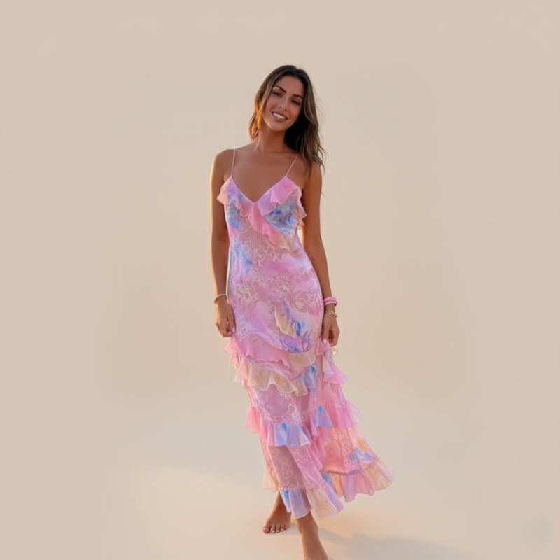 Amelia | Ruched Layered Spaghetti Strap Maxi Dress