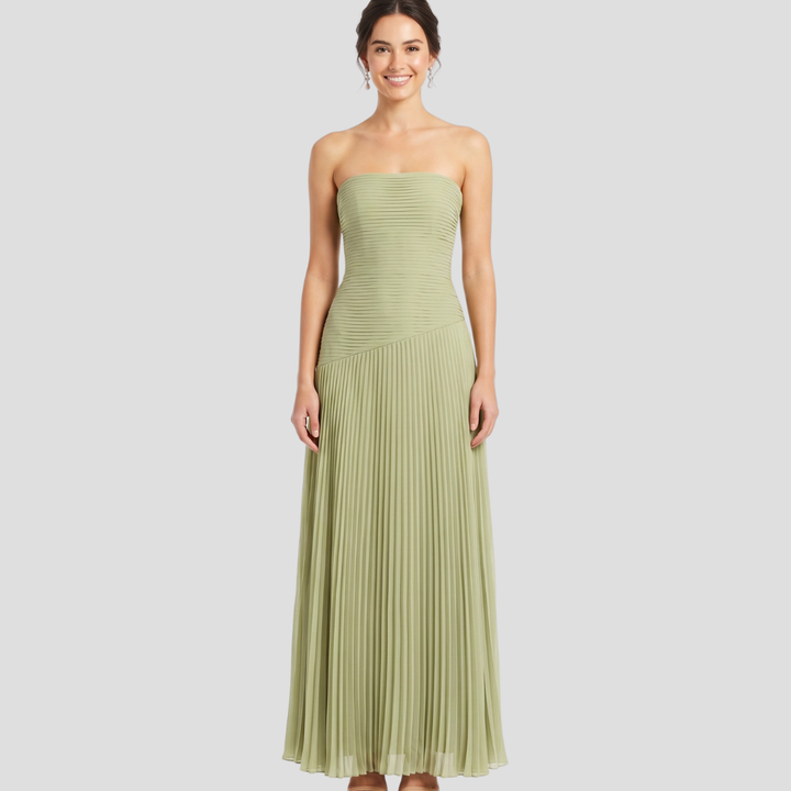 Women Elegant Strapless Maxi Dress Pleated Flowing