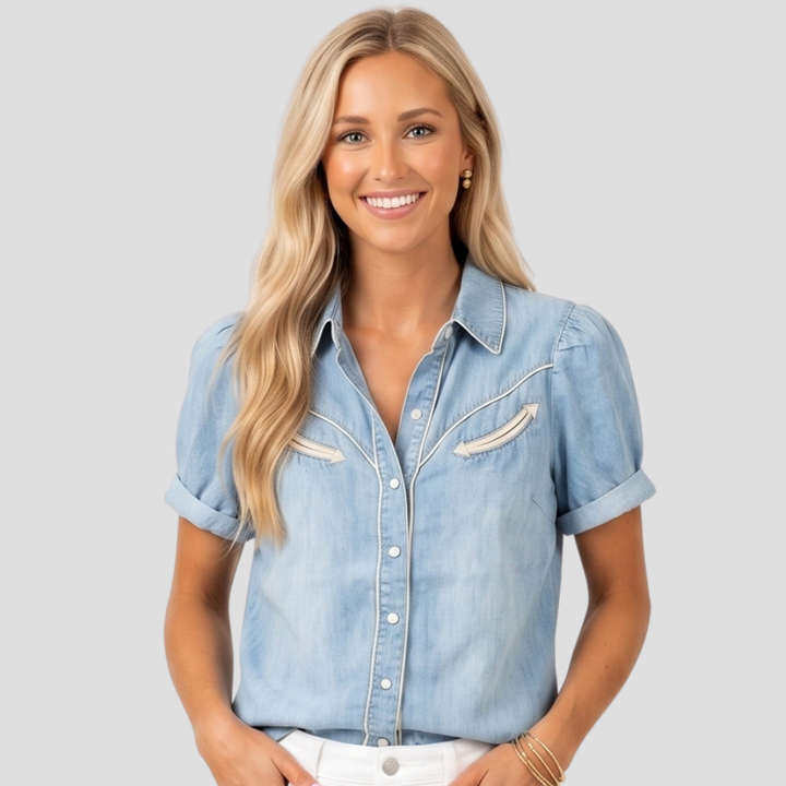 Women Stylish Button Up Denim Shirt Short Sleeve