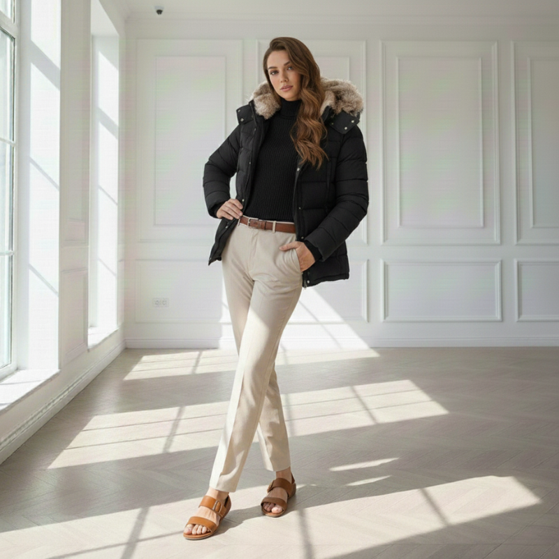 Woman wearing a black coat with fur trim in a bright room with white walls and wooden floor.