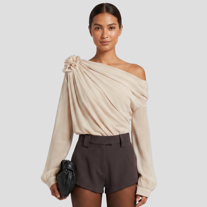 Women’s Elegant Asymmetrical T Shirt Floral Appliqué Stylish