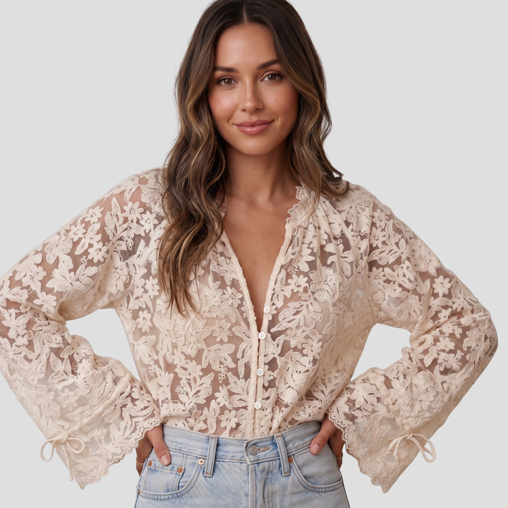 Women Elegant Lace Button Up Blouse Long Sleeve