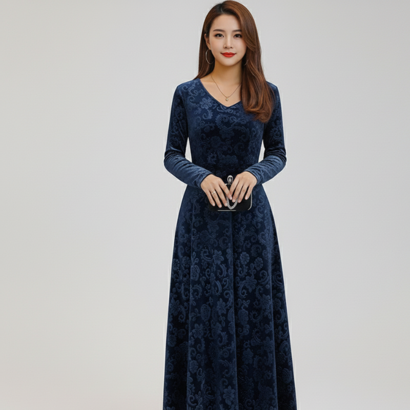 Women’s Elegant Floral Velvet Maxi Dress V Neck Evening