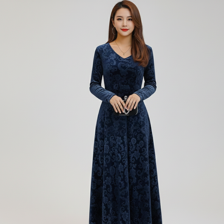 Women’s Elegant Floral Velvet Maxi Dress V Neck Evening