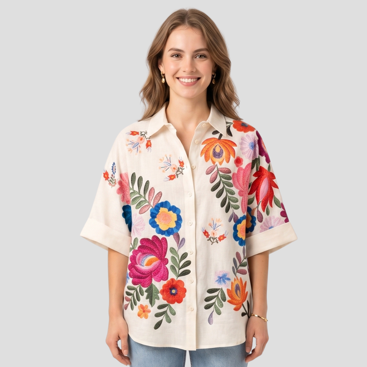 Women Stylish Floral Button Up Shirt Short Sleeve