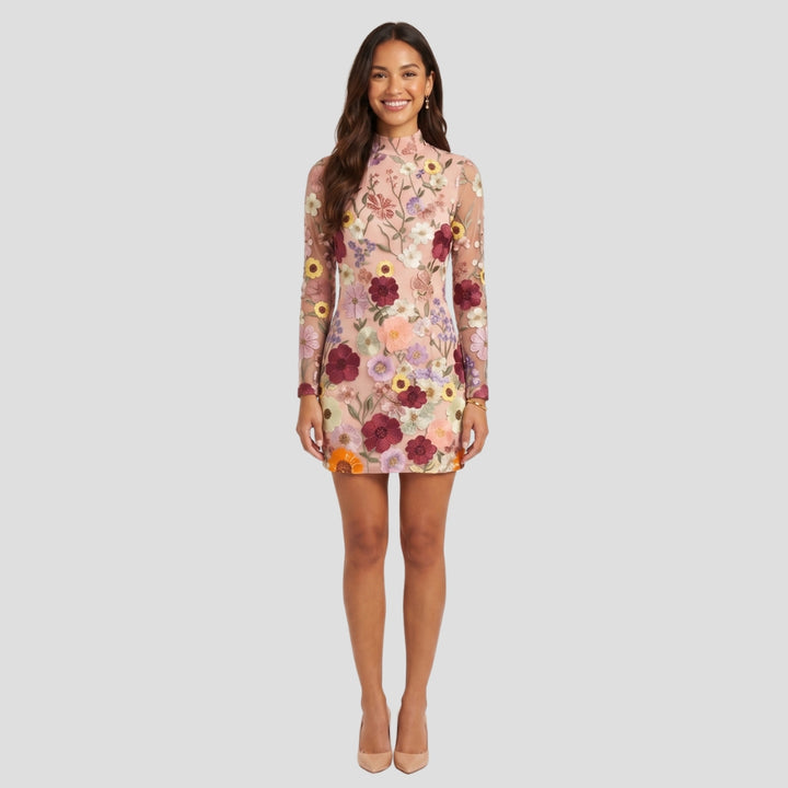 Women Elegant Floral Embroidered Mini Dress Long Sleeve