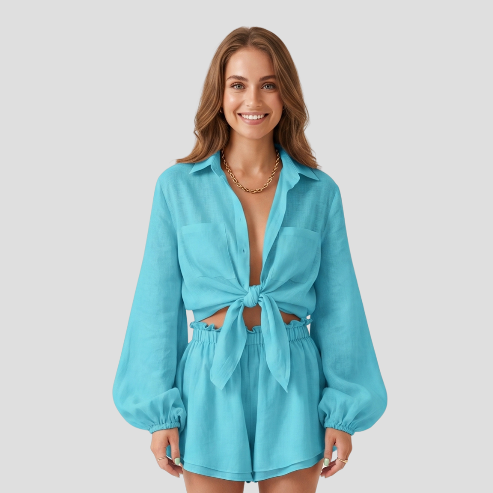 Women Stylish Summer Button Up Shirt Shorts Set