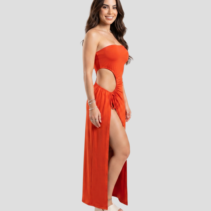 Women Elegant Strapless Maxi Dress Cutout Slit