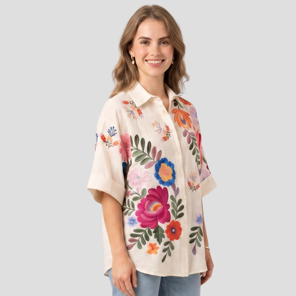 Women Stylish Floral Button Up Shirt Short Sleeve