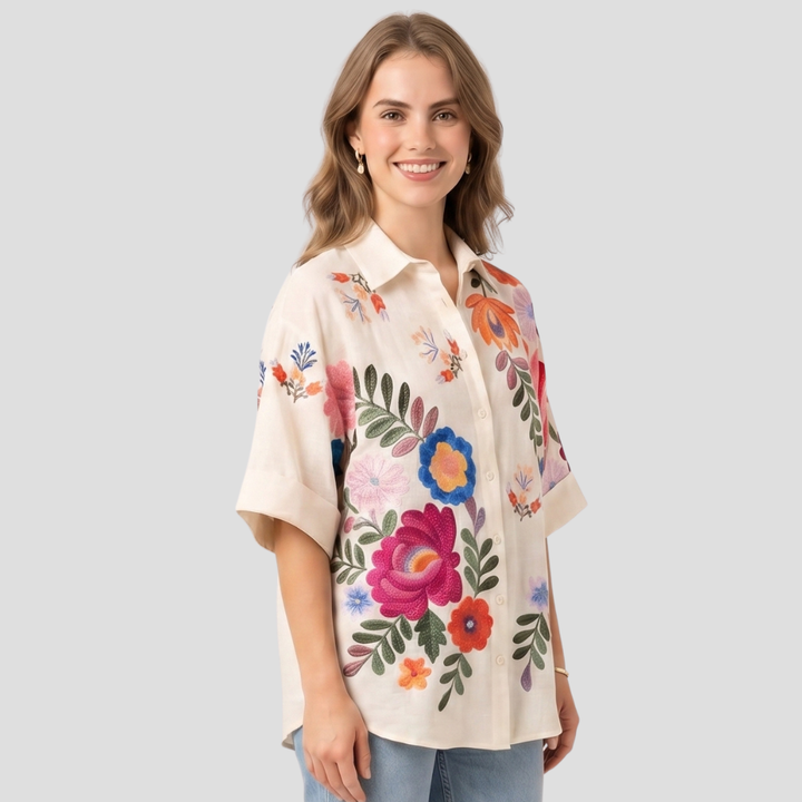 Women Stylish Floral Button Up Shirt Short Sleeve