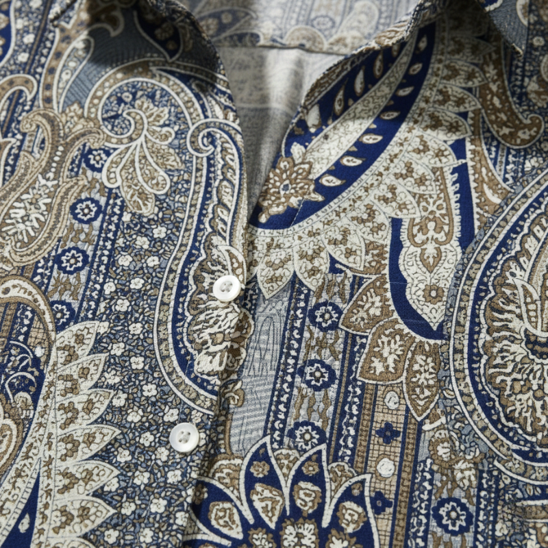 Close-up of a patterned shirt with intricate designs in blue, beige, and white.