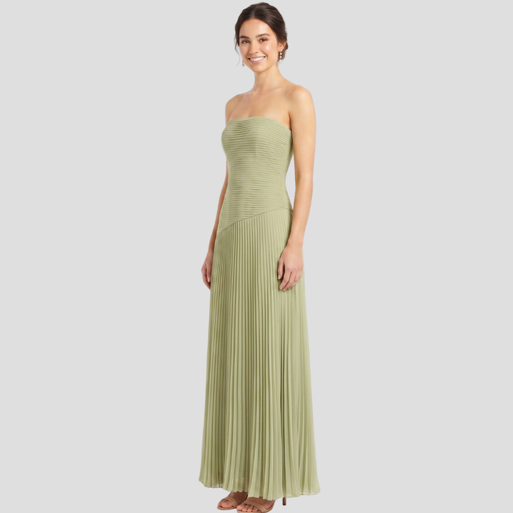 Women Elegant Strapless Maxi Dress Pleated Flowing