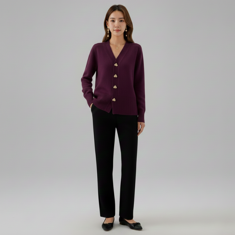 Woman wearing a purple cardigan with gold buttons and black pants on a gray background