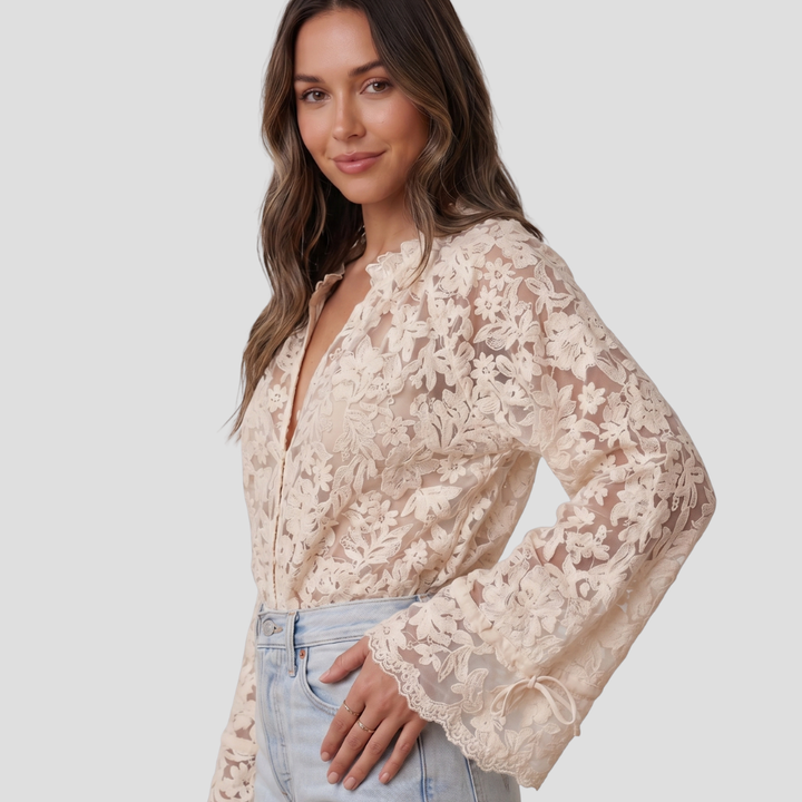 Women Elegant Lace Button Up Blouse Long Sleeve