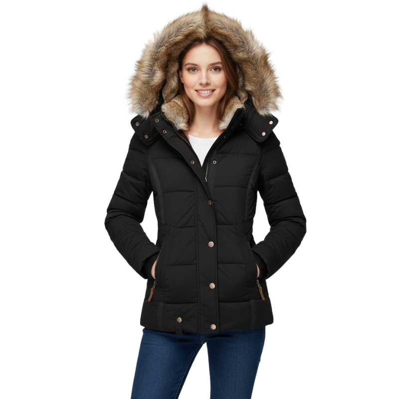 Woman wearing a black coat with a fur-lined hood on a white background