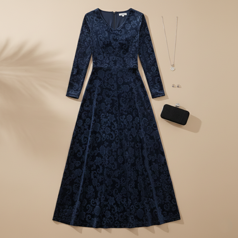Women’s Elegant Floral Velvet Maxi Dress V Neck Evening