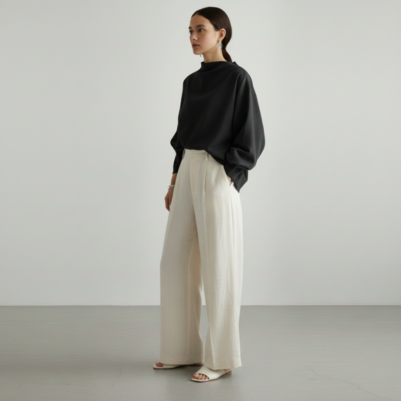 Woman wearing a black sweater and white pants against a plain background