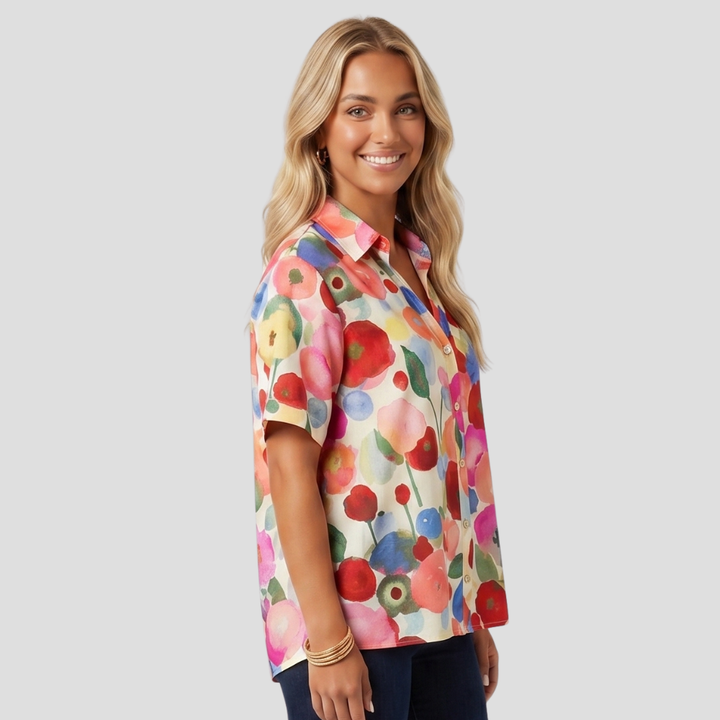 Women Elegant Floral Button Up Blouse Long Sleeve