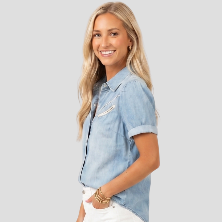 Women Stylish Button Up Denim Shirt Short Sleeve