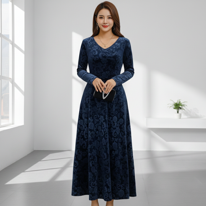 Women’s Elegant Floral Velvet Maxi Dress V Neck Evening