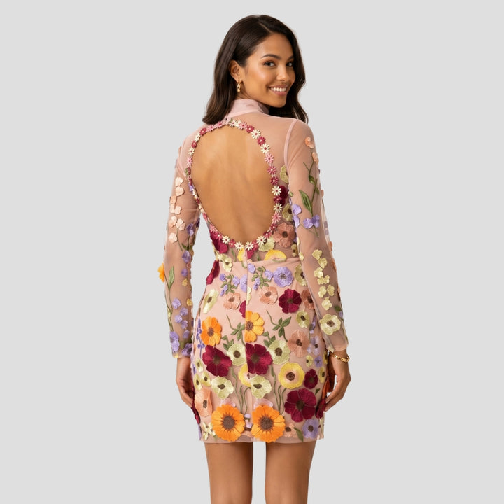 Women Elegant Floral Embroidered Mini Dress Long Sleeve
