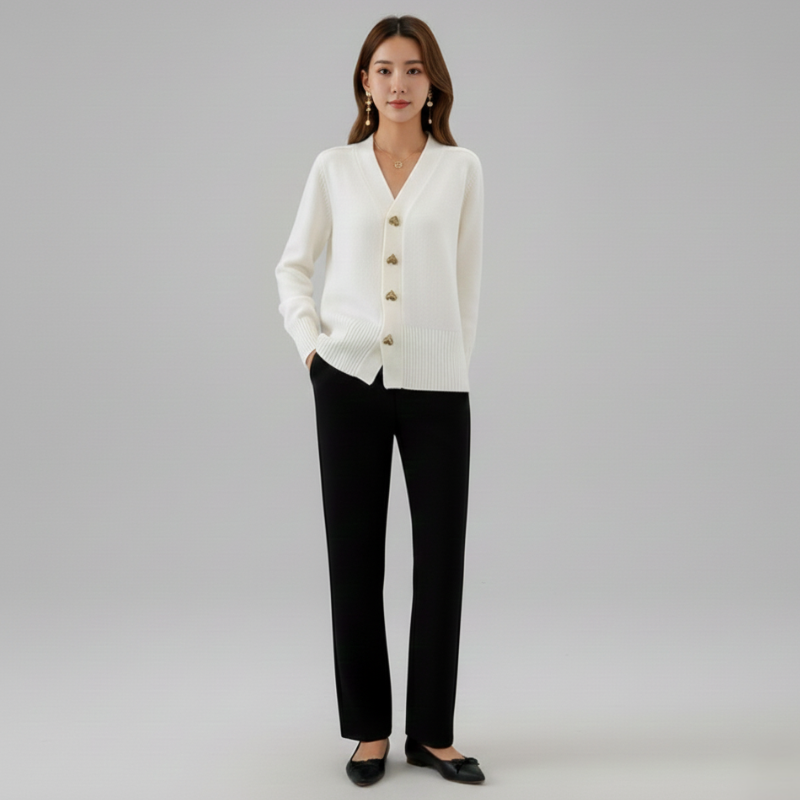 Woman wearing a white cardigan and black pants on a gray background