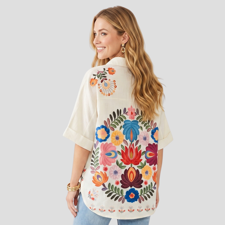 Women Stylish Floral Button Up Shirt Short Sleeve