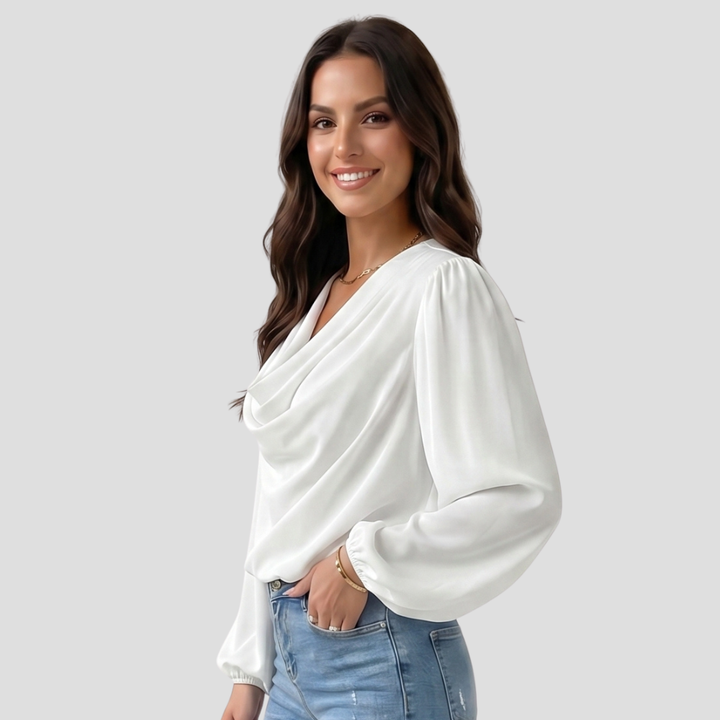 Women Elegant V Neck Blouse Stylish Long Sleeve