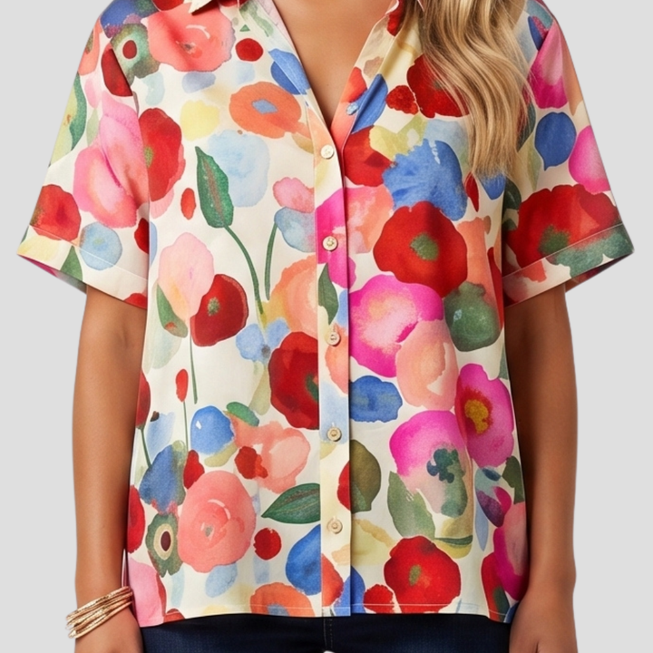 Women Elegant Floral Button Up Blouse Long Sleeve