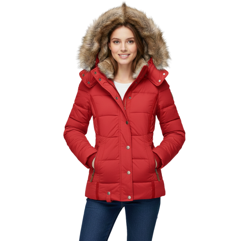 Red puffer jacket with fur hood worn by a model on a white background