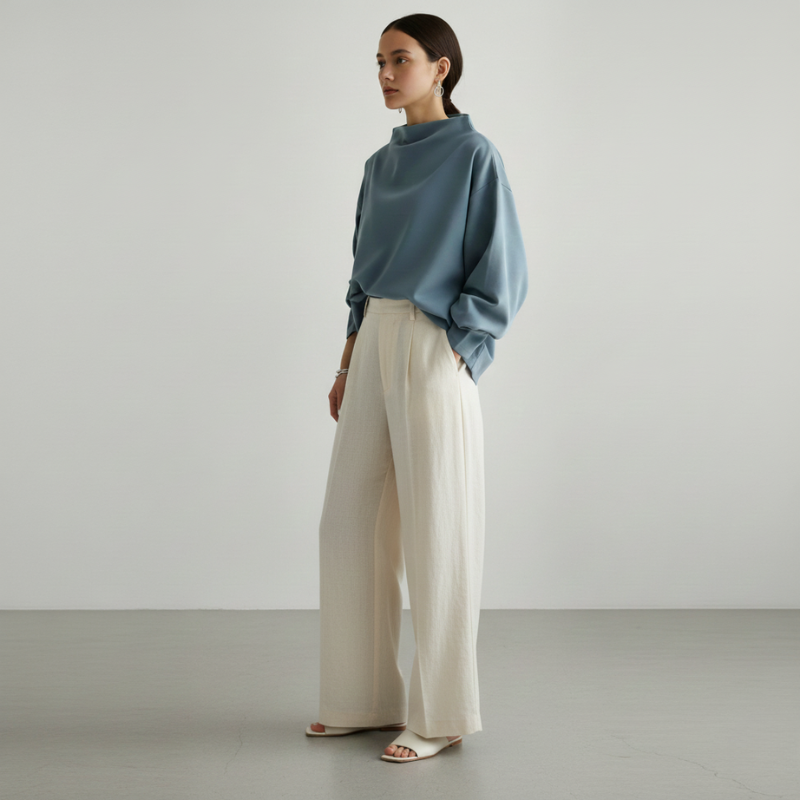 Woman wearing a blue sweater and white pants against a plain background