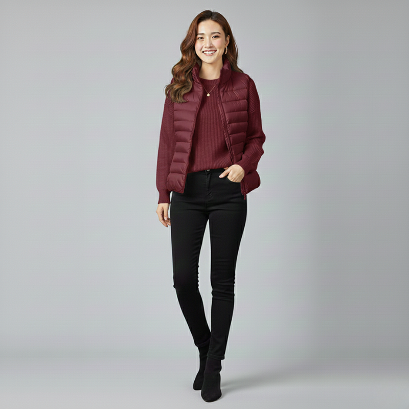 Woman wearing a maroon puffer jacket and black pants on a gray background
