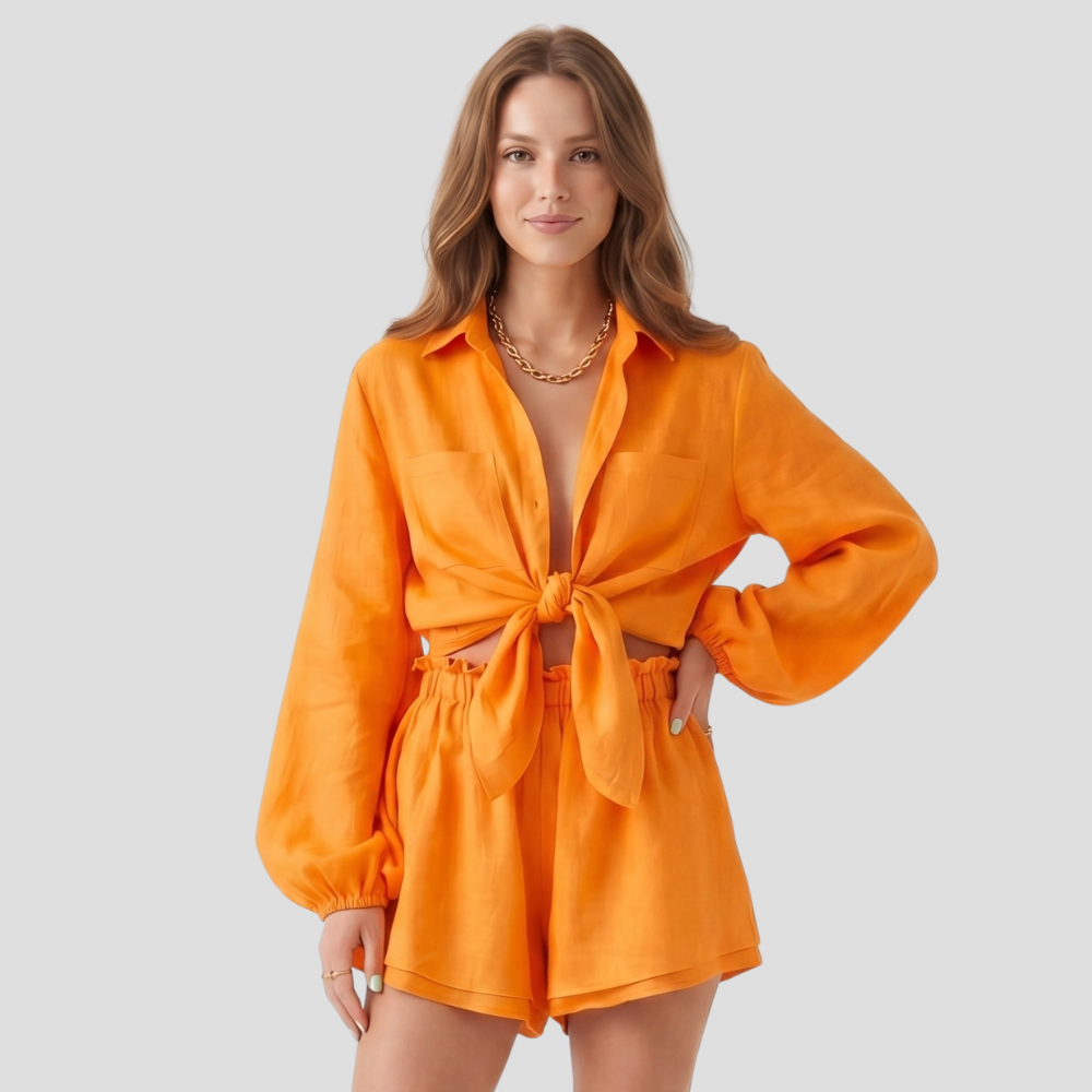 Women Stylish Summer Button Up Shirt Shorts Set