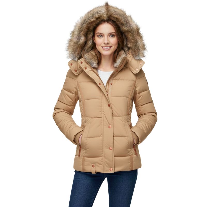 Woman wearing a beige puffer jacket with fur hood on a white background