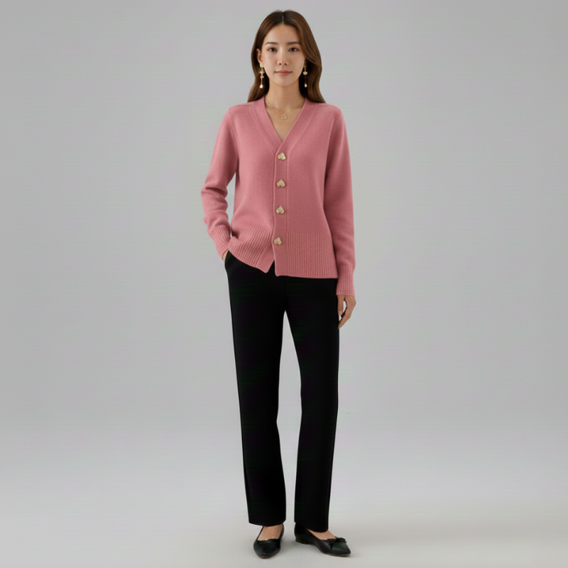 Woman wearing a pink cardigan with gold buttons and black pants on a gray background