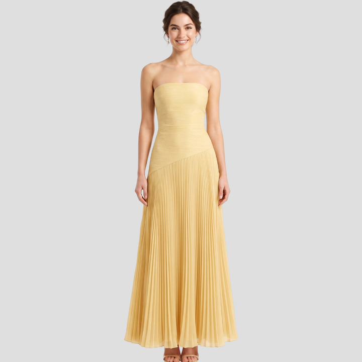 Women Elegant Strapless Maxi Dress Pleated Flowing