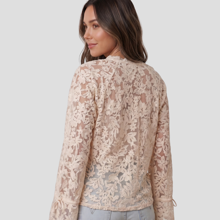 Women Elegant Lace Button Up Blouse Long Sleeve