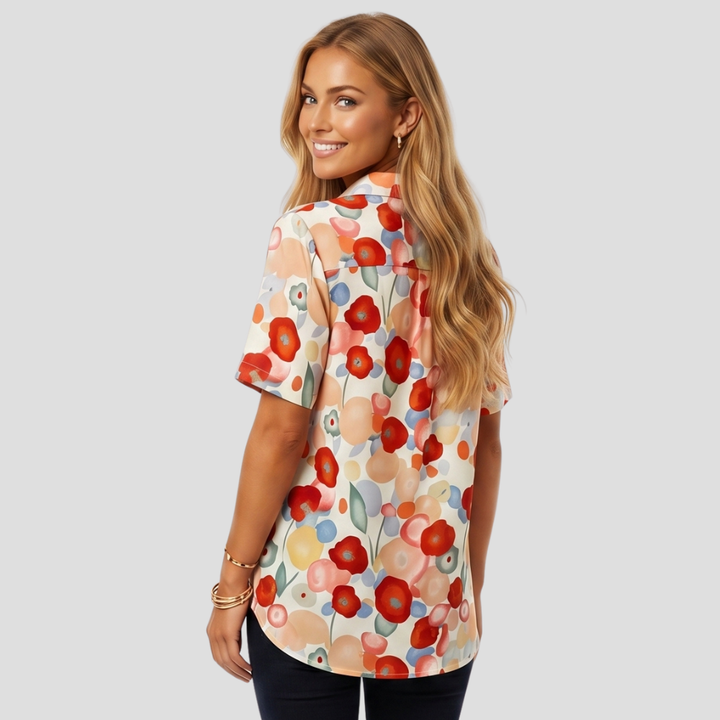 Women Elegant Floral Button Up Blouse Long Sleeve