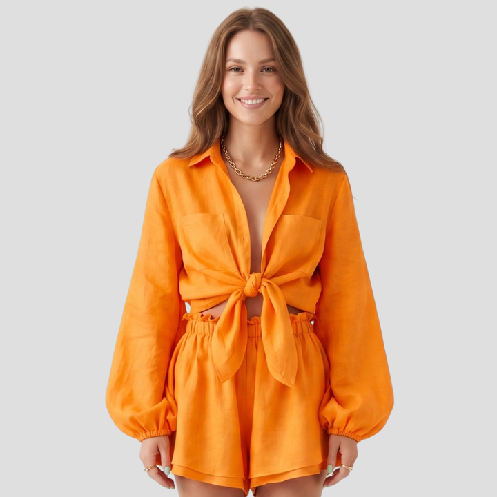 Women Stylish Summer Button Up Shirt Shorts Set