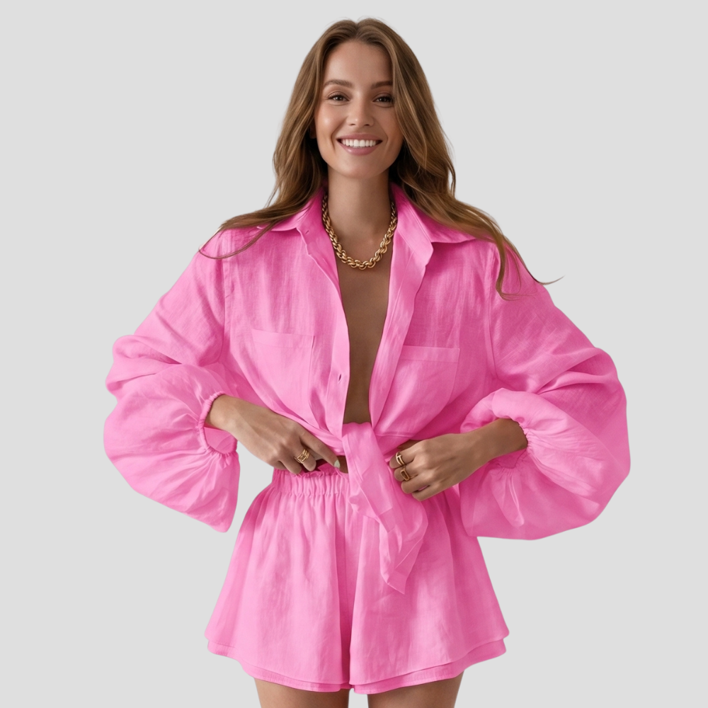 Women Stylish Summer Button Up Shirt Shorts Set