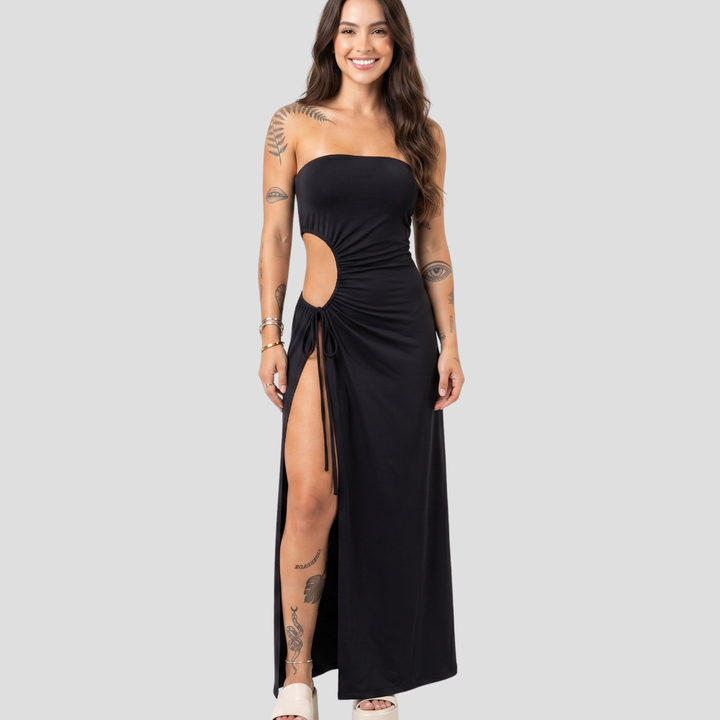 Women Elegant Strapless Maxi Dress Cutout Slit