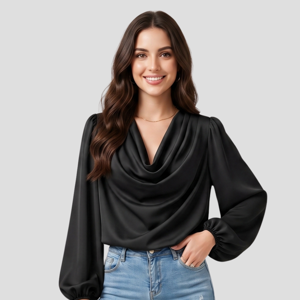 Women Elegant V Neck Blouse Stylish Long Sleeve