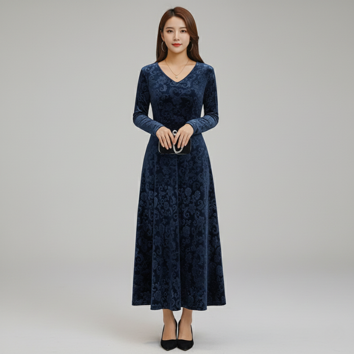 Women’s Elegant Floral Velvet Maxi Dress V Neck Evening