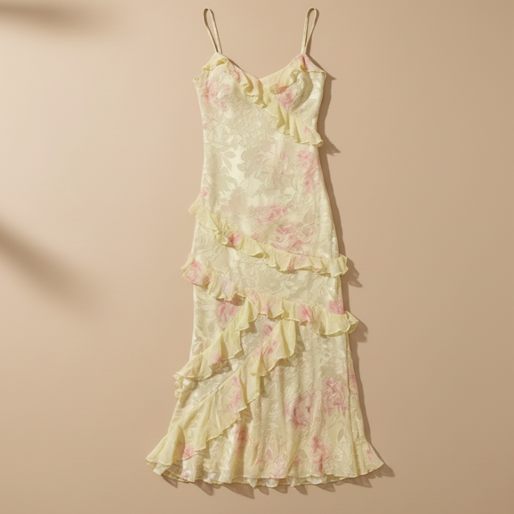 Floral dress with ruffled layers on a beige background